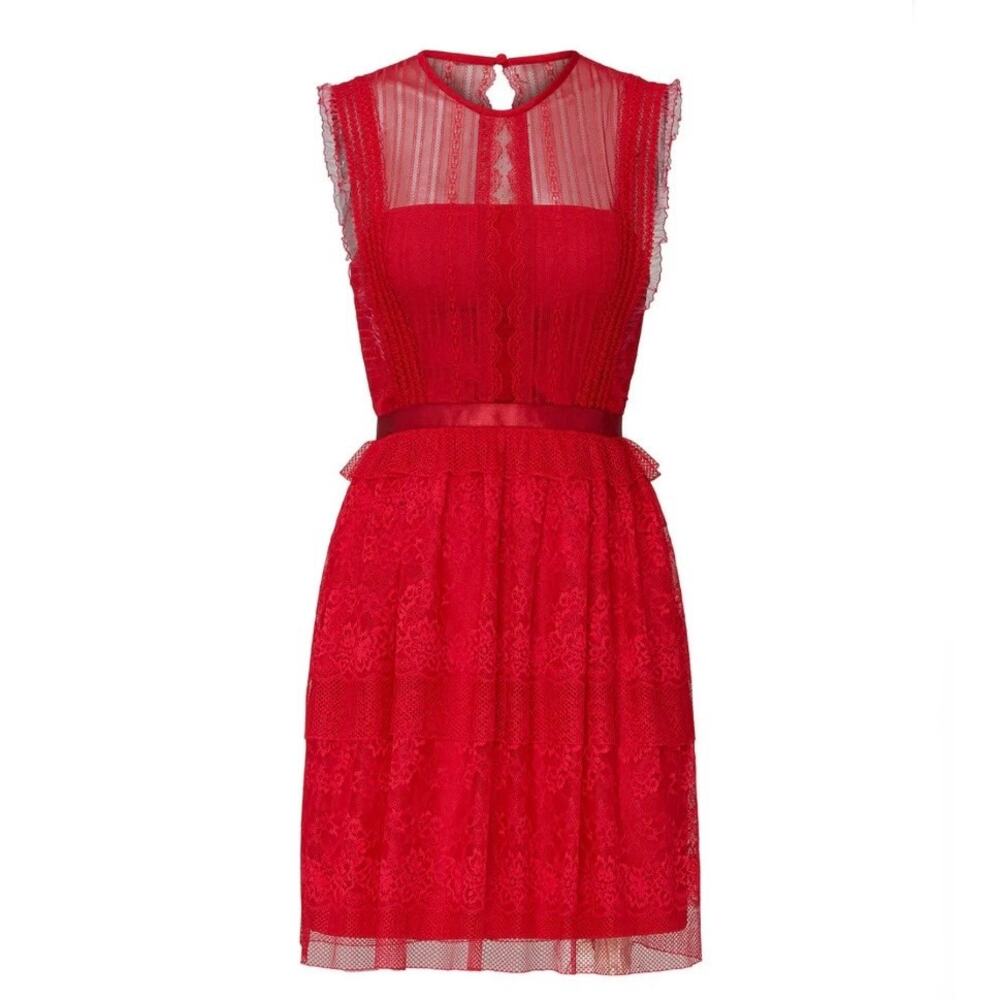 THREE FLOOR | Red Tiered Fearless Dress Lace Overlay Open Party Cocktail | 12